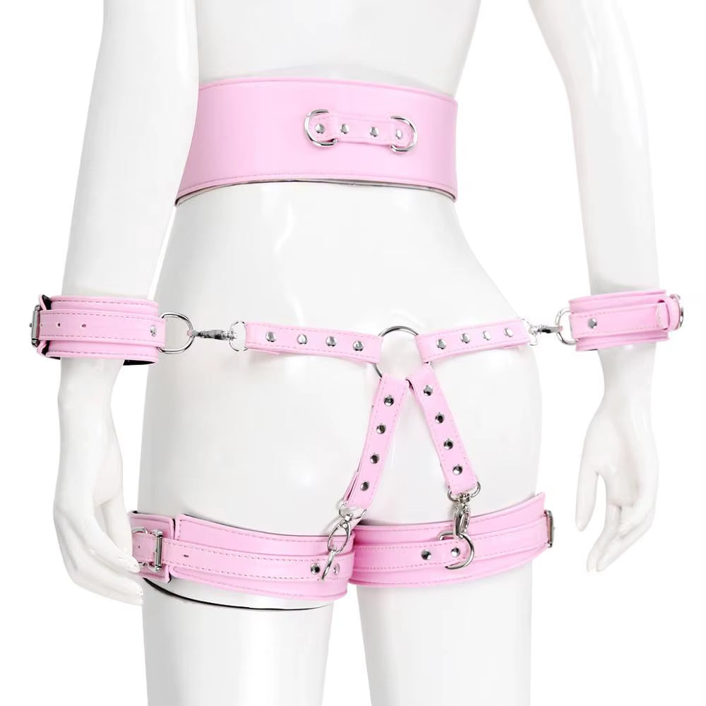 SM Bondage Set Include Waistband, Wrist & Thigh Cuffs, Cross Buckle, Adult Games Restraints Handcuffs Leg Cuff Sex Toys