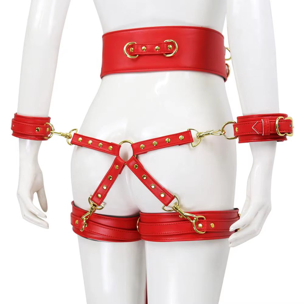 SM Bondage Set Include Waistband, Wrist & Thigh Cuffs, Cross Buckle, Adult Games Restraints Handcuffs Leg Cuff Sex Toys