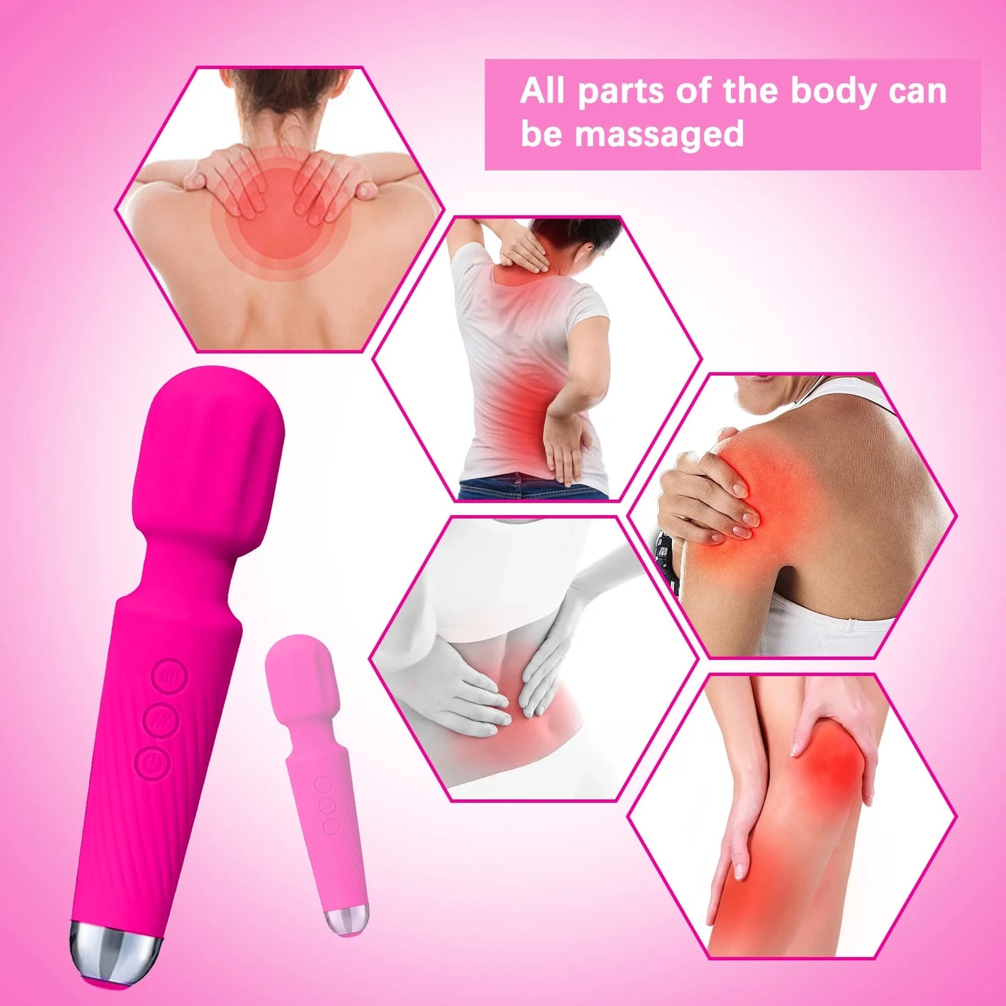 Massager Wand Vibrator with 20 Modes 8 Vibration,Rechargeable Vibrator Wand Waterproof Body Massager-Rose Red