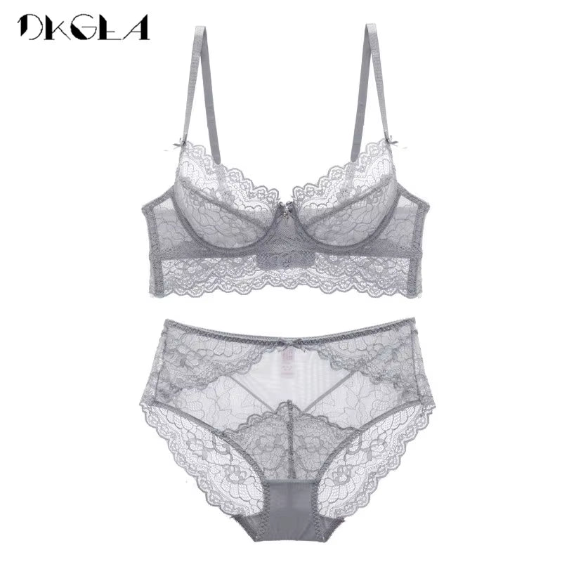 Deep V Sexy Underwear Ultrathin Bra Set plus Size Brassiere Green Women Lingerie Set Lace Embroidery Transparent Bra Panties Set