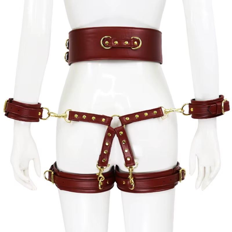 SM Bondage Set Include Waistband, Wrist & Thigh Cuffs, Cross Buckle, Adult Games Restraints Handcuffs Leg Cuff Sex Toys