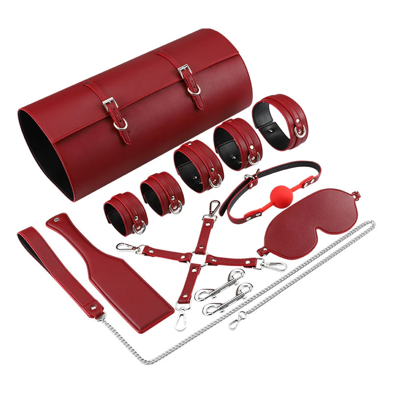 Erotic Tied Bondage Kits Sex Slave Restraint Set Ankle Cuffs Handcuff Collar Gag Whip Blindfold Adult Sex Toys for Women