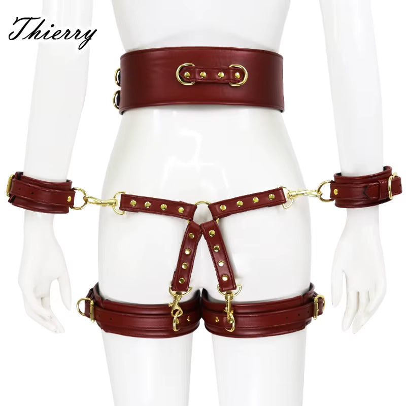 SM Bondage Set Include Waistband, Wrist & Thigh Cuffs, Cross Buckle, Adult Games Restraints Handcuffs Leg Cuff Sex Toys