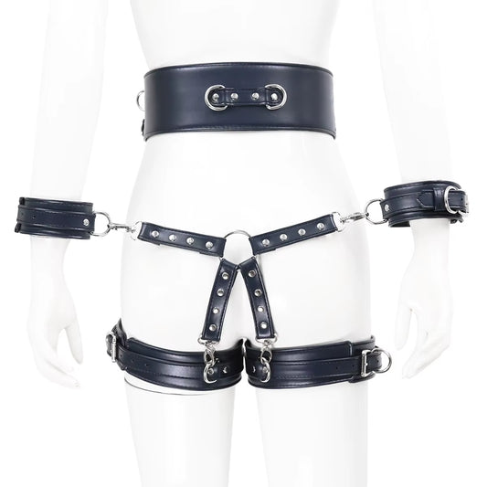 SM Bondage Set Include Waistband, Wrist & Thigh Cuffs, Cross Buckle, Adult Games Restraints Handcuffs Leg Cuff Sex Toys