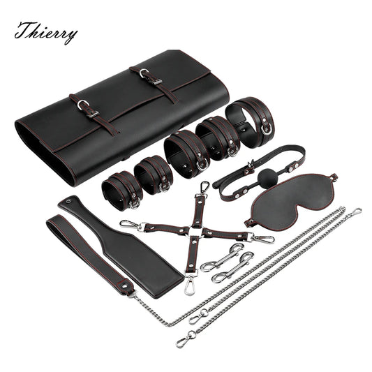 Erotic Tied Bondage Kits Sex Slave Restraint Set Ankle Cuffs Handcuff Collar Gag Whip Blindfold Adult Sex Toys for Women