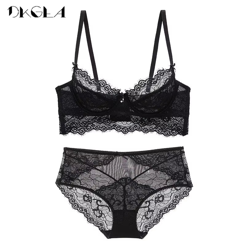 Deep V Sexy Underwear Ultrathin Bra Set plus Size Brassiere Green Women Lingerie Set Lace Embroidery Transparent Bra Panties Set