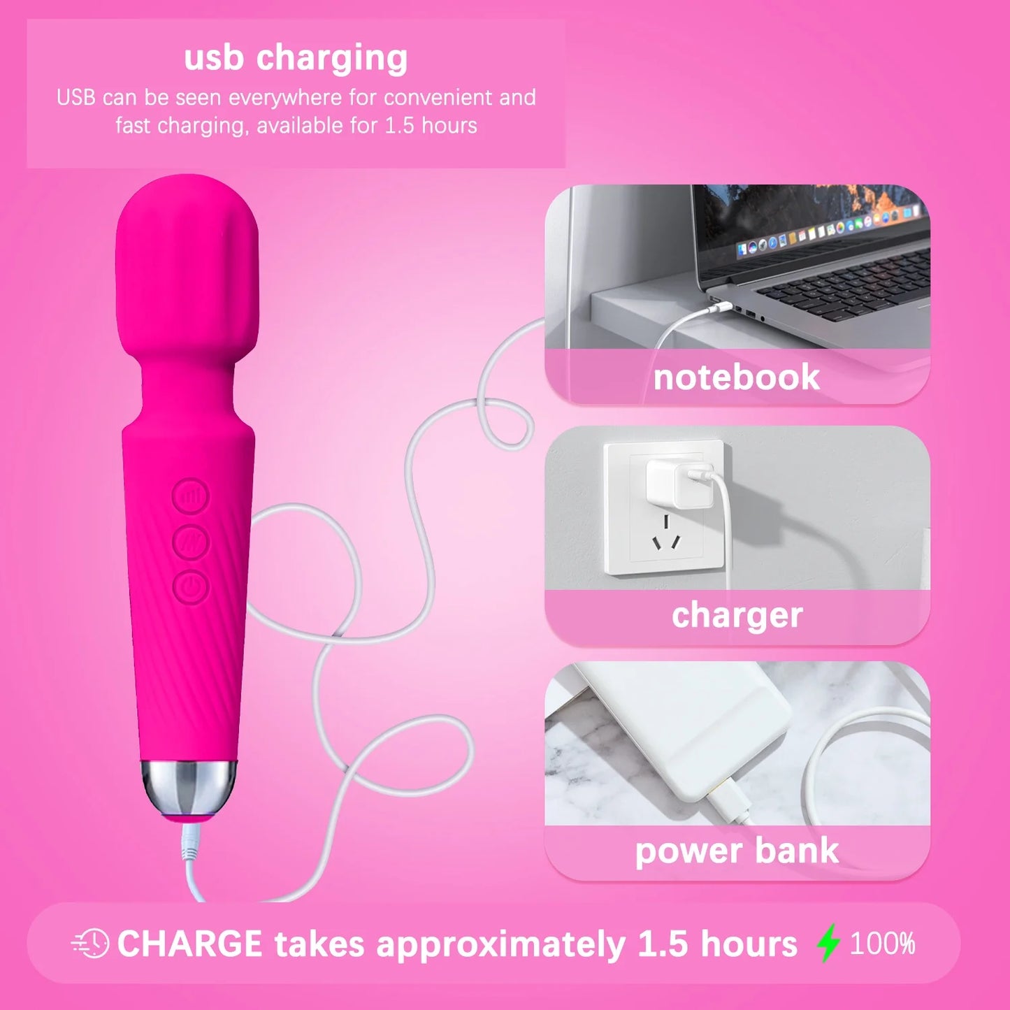 Massager Wand Vibrator with 20 Modes 8 Vibration,Rechargeable Vibrator Wand Waterproof Body Massager-Rose Red