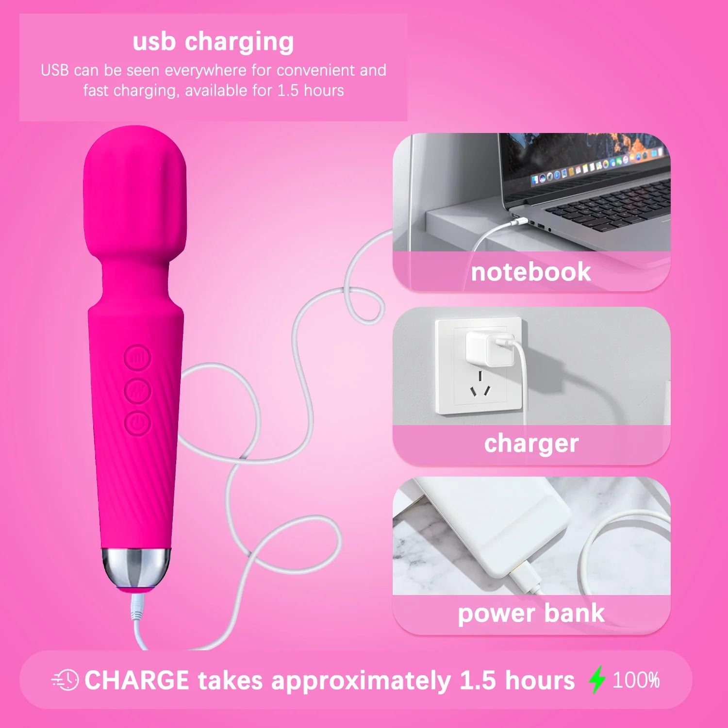 Massager Wand Vibrator with 20 Modes 8 Vibration,Rechargeable Vibrator Wand Waterproof Body Massager-Rose Red