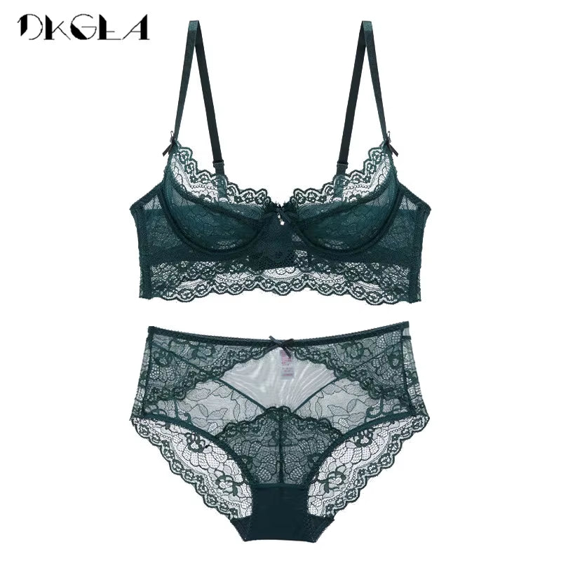 Deep V Sexy Underwear Ultrathin Bra Set plus Size Brassiere Green Women Lingerie Set Lace Embroidery Transparent Bra Panties Set